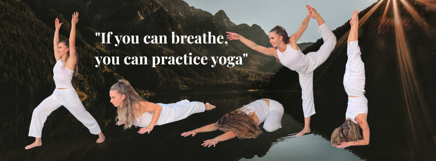 Kendall demonstrating various yoga poses with the quote: If you can breathe, you can practice yoga